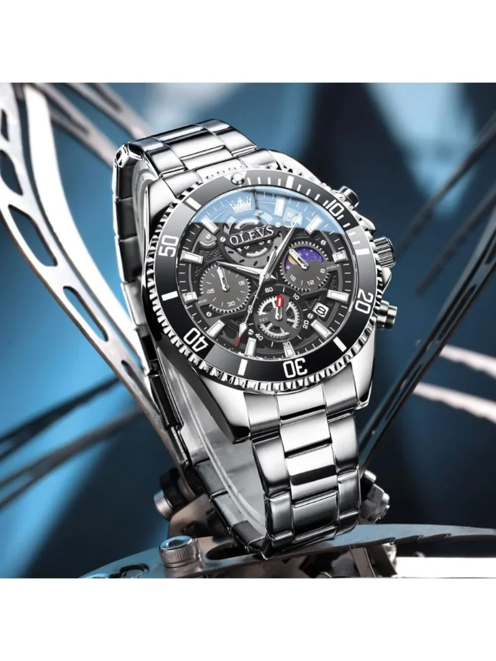 Men's Silver-Black Stainless Steel Waterproof Business Date Dress Wrist Watch